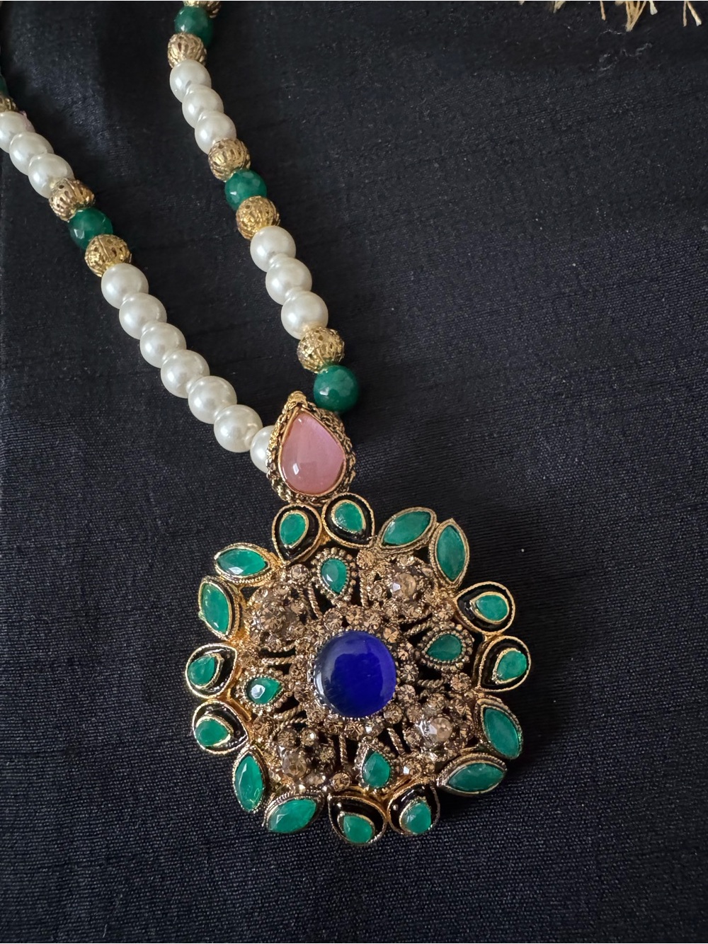 Gold-Tone Floral Pendant Necklace with Blue & Green Gem Accents